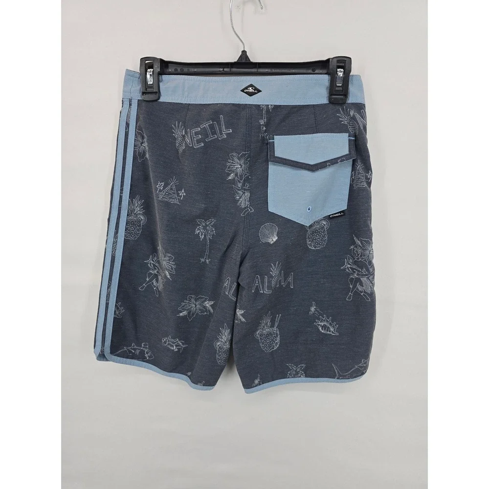 ONeill Boys Board Shorts Size 14 Gray‎ Blue Tropical Aloha Print Swim Trunks